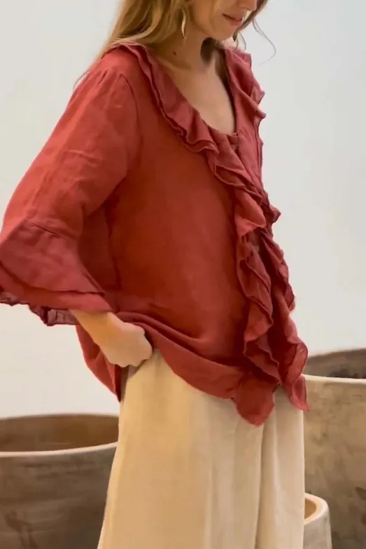 Fashion V neck Ruffled Sleeve Ruffled Loose Casual Red - Shop at LoveMi