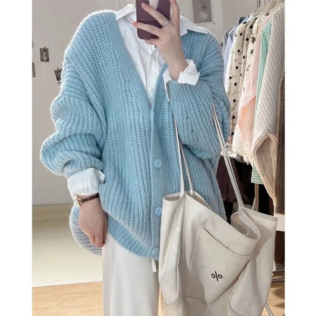 Idle Style Knitted Cardigan Sweater For Women Autumn And Winter Blue - Shop at LoveMi