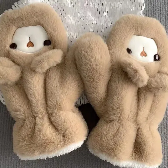Plush Bear Hat Gloves For Women Autumn And Winter Khaki Gloves - Shop at LoveMi