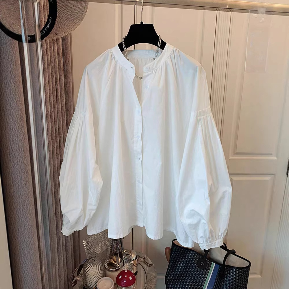 Womens Solid Color Crew Neck Loose Single Breasted Long Sleeve Shirt