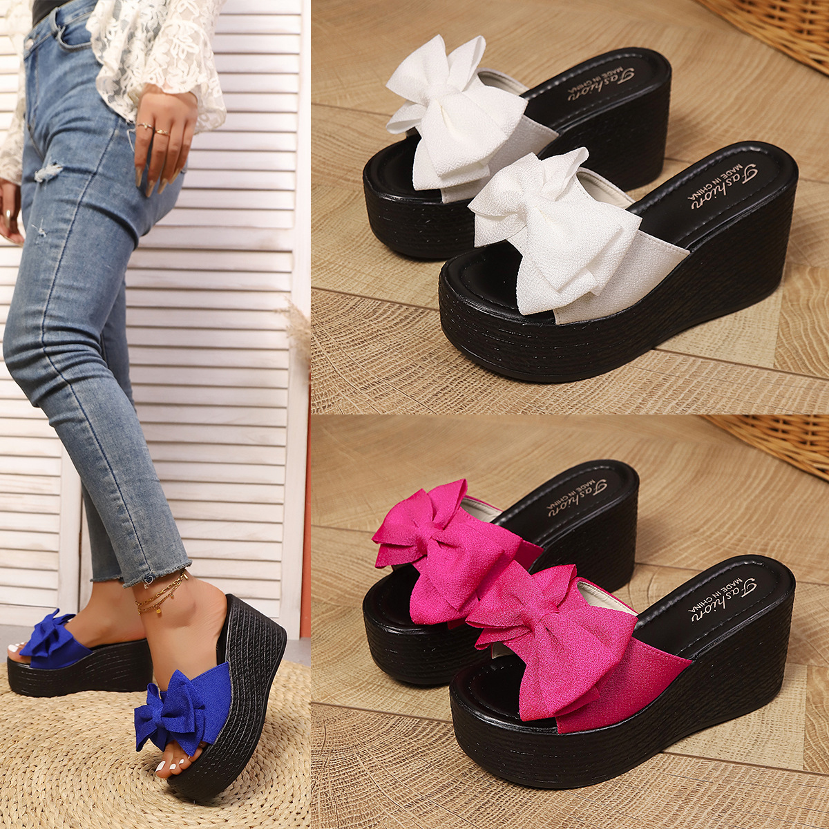 Womens Solid-color Large-size Slippers With Thick Soles And Bow Details