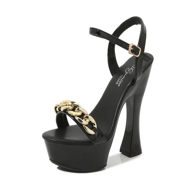 14cm Chunky Heel Waterproof Platform Summer Ankle Strap Sexy High Heels Black - Shop at LoveMi