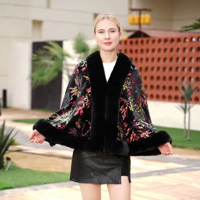 Black Wedding Elegant Sequined Air conditioned Room Knitted Shawl Black - Shop at LoveMi