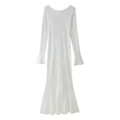Solid Colour Round-neck Flared Sleeves Backless Lace Up Long Sleeve Dress - View 1