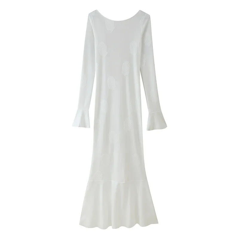 Solid Color Round-neck Flared Sleeves Backless Lace Up Long Sleeve Dress