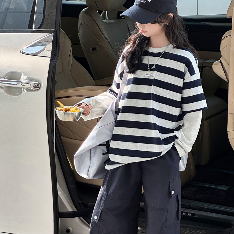 Girls Faux Two-piece Long-sleeve T-shirt For Spring And Autumn