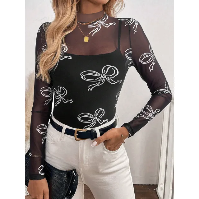 Women's Semi High Neck Sheer Long Sleeve TShirt Sexy Y2K Mesh Top Big White Bow - Shop at LoveMi