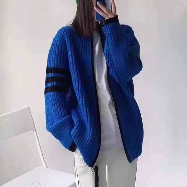 Contrast Color Striped Stitching Zipped Stand Collar Sweater Coat Blue - Shop at LoveMi