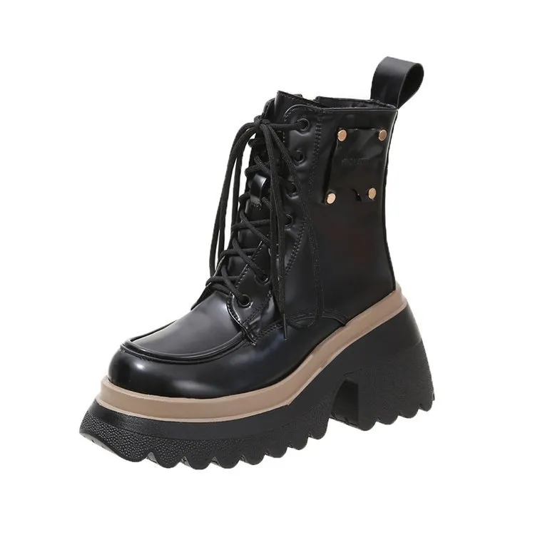 Women's Fashion Casual Soft Leather Platform Boots - Black