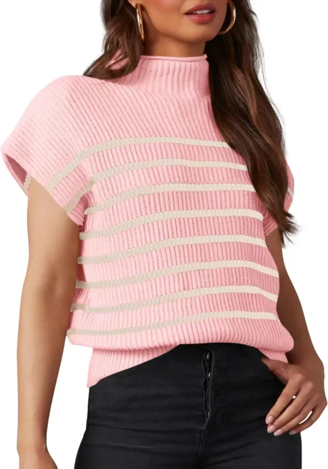Women's Vest Sleeveless Turtleneck Slim Striped Pink - Shop at LoveMi