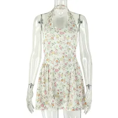 Mini Print Spot Halter U-neck Short Simple Dress - White Floral - View 1