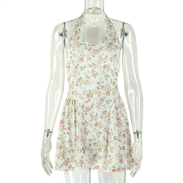 Mini Print Spot Halter U neck Short Simple Dress Floral - Shop at LoveMi