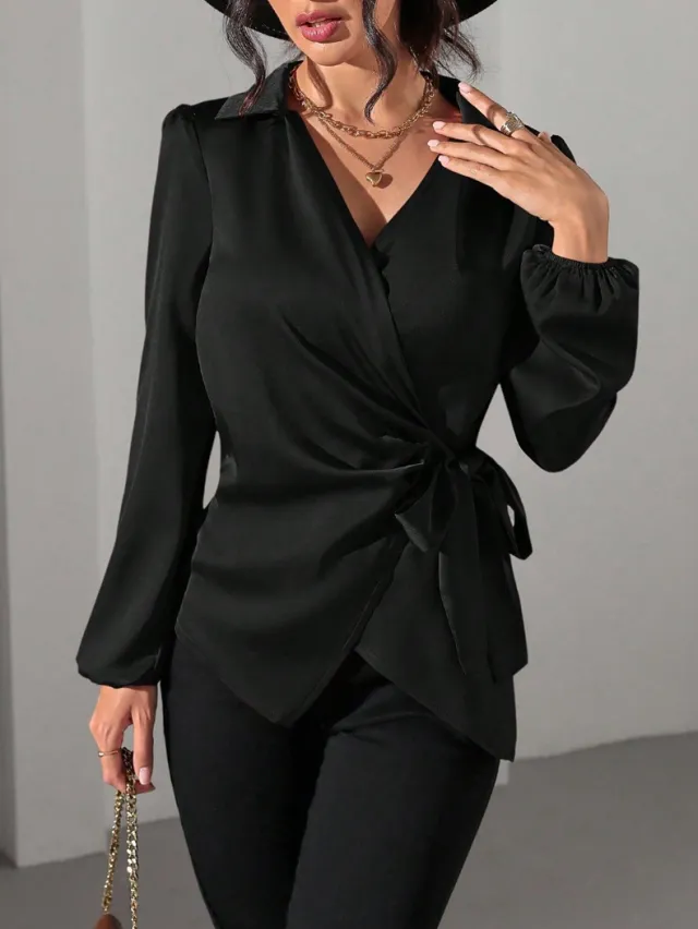 Women's Solid color Designer style Long sleeve Satin Shirt Black - Shop at LoveMi