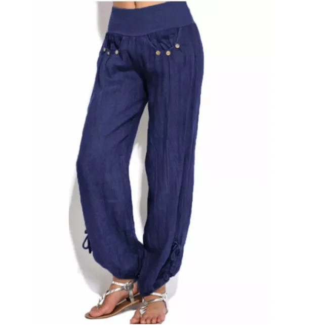 New Loose Button Decorations Casual Wide leg Trousers Women Dark Blue - Shop at LoveMi