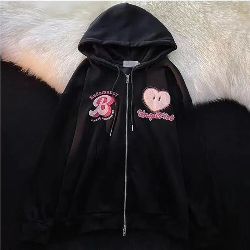 Zipper Hooded Sweater Women's Thin Spring And Autumn Embroidered Cardigan Jacket - Black