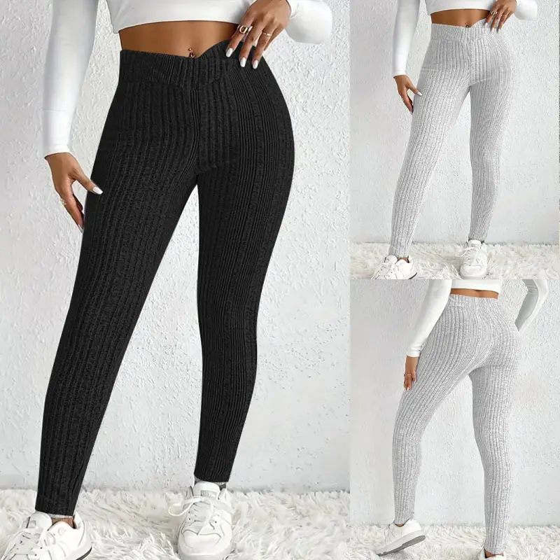Autumn Plus-Size Casual Striped Ribbed Tight-Fit Trousers