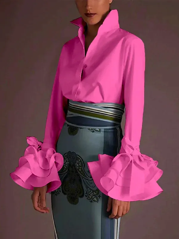 Women's Solid Color Slim Casual Ruffle Sleeve Shirt Top Pink - Shop at LoveMi