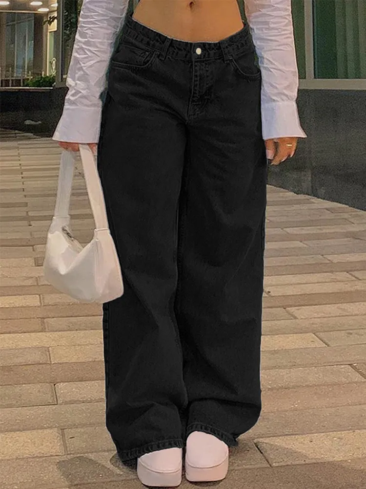 Low Waist Fashion Retro Straight Street Denim Trousers - Black