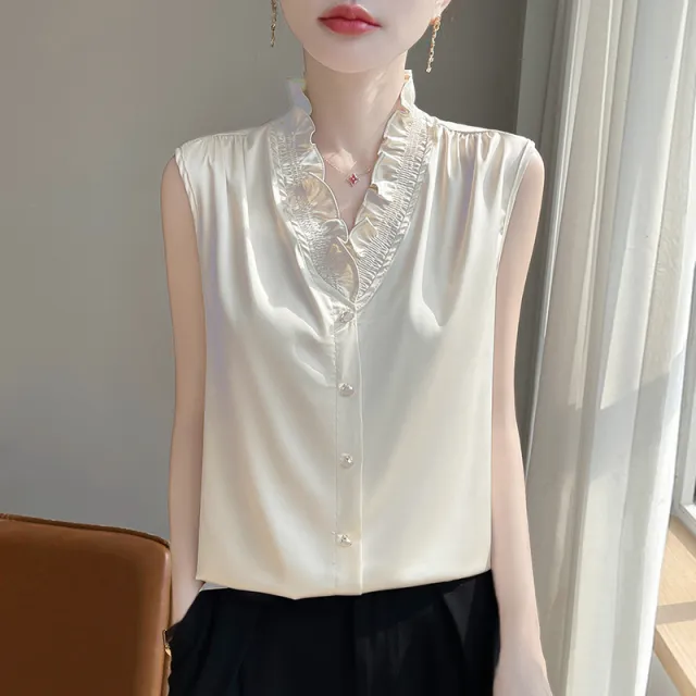 Acetate Camisole Women's V neck Ruffled Champagne M - Shop at LoveMi
