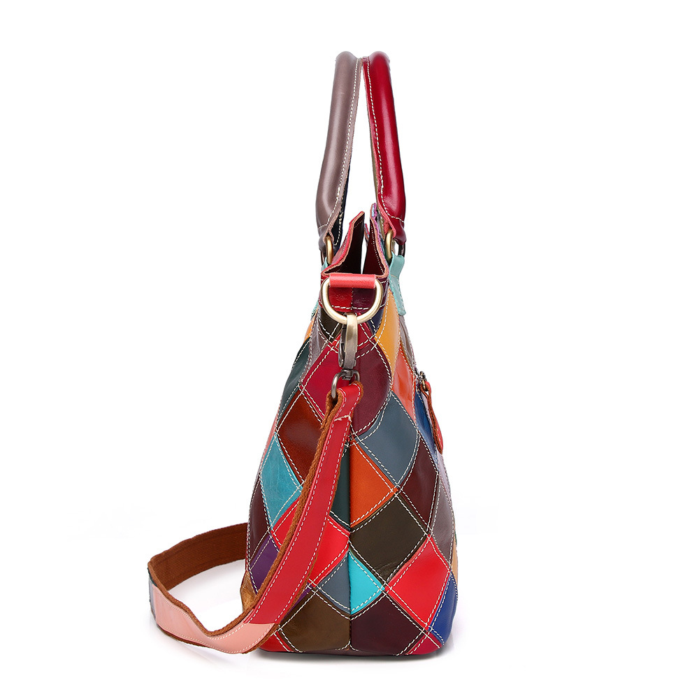 Womens Colorful Leather Plaid Contrasting Color Shoulder Bag