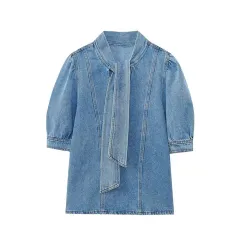 Bow-trimmed Denim Shirt Cape Dress Set - Coat - View 1