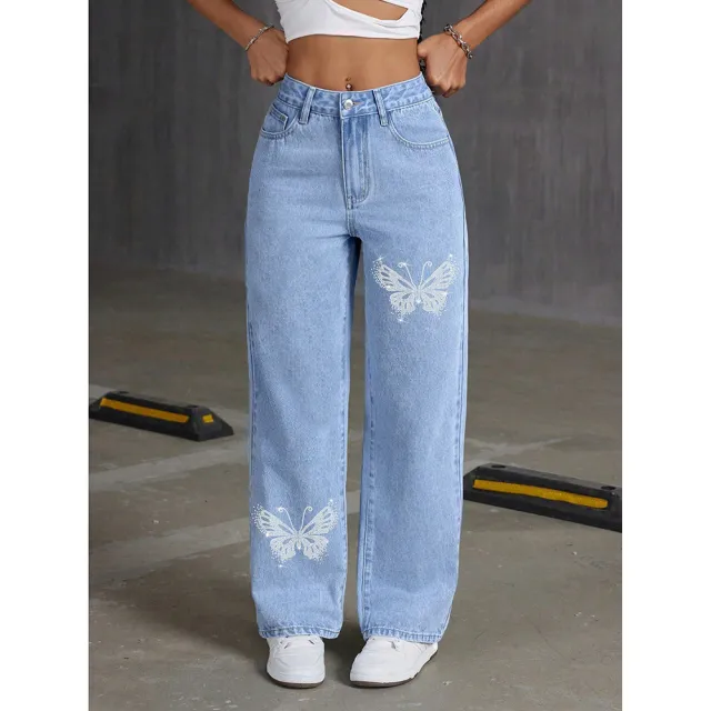 Womens Elegant Printed Straight Fit Long Pants Blue - Shop at LoveMi