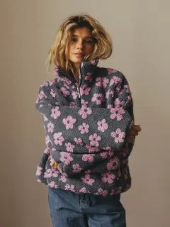 Winter Flowers Lambskin Sweatshirt With Big Pocket Casual Loose Zip-up Lapel Pullover Top Women's Clothing - Pink - View 1