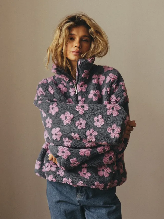 Winter Flowers Lambskin Sweatshirt With Big Pocket Casual Loose Zip up Lapel Pullover Top Women's Clothing Pink - Shop at LoveMi
