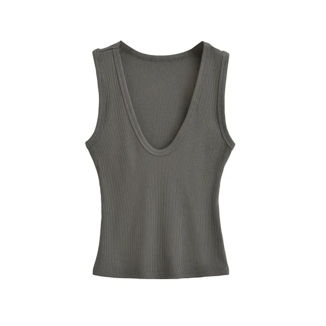 Women's Deep U neck Vest Short Top Dark Gray - Shop at LoveMi