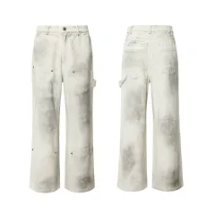 Retro High Street Heavy Spray Color Distressed Loose Waste Soil Style Overalls - Fog White - View 1