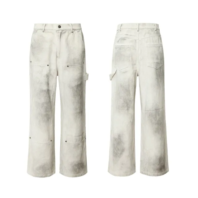 Retro High Street Heavy Spray Color Distressed Loose Waste Soil Style Overalls Fog White - Shop at LoveMi