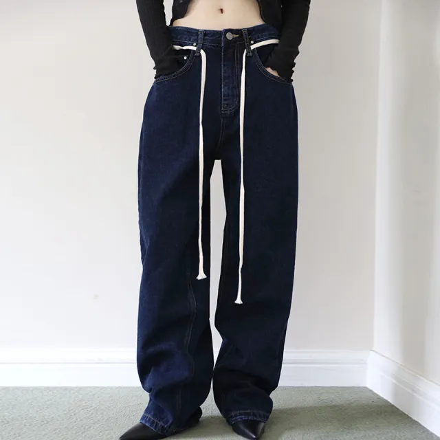 High Waist Drawstring Design Loose Casual Draping Jeans Blue - Shop at LoveMi