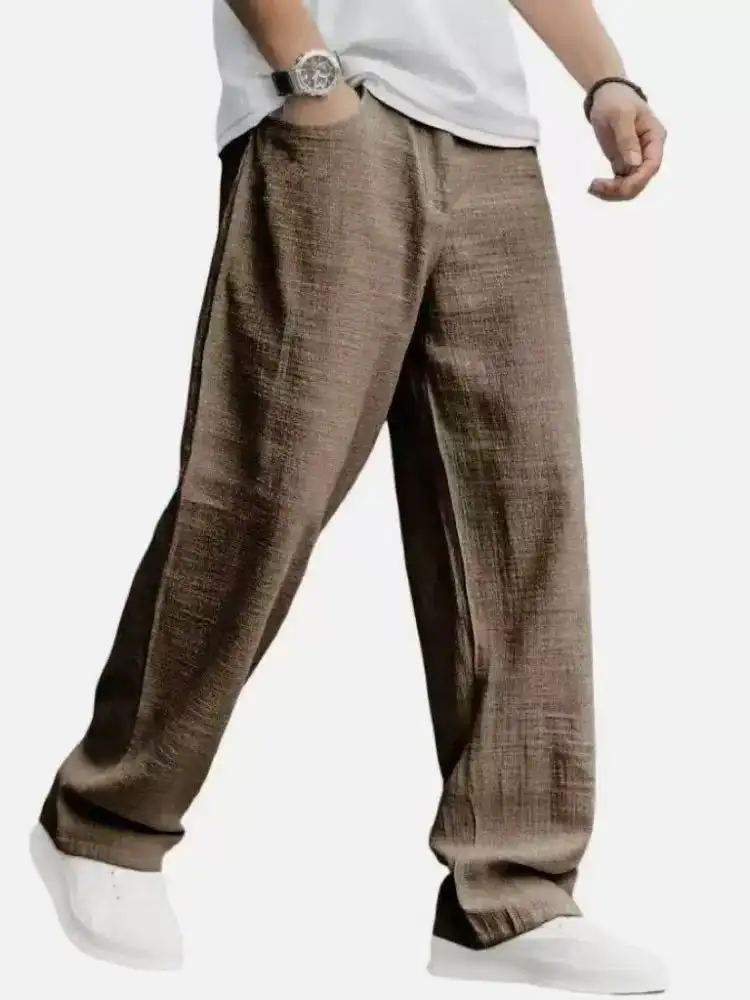 Mens Linen Wide-leg Straight-leg Trousers
