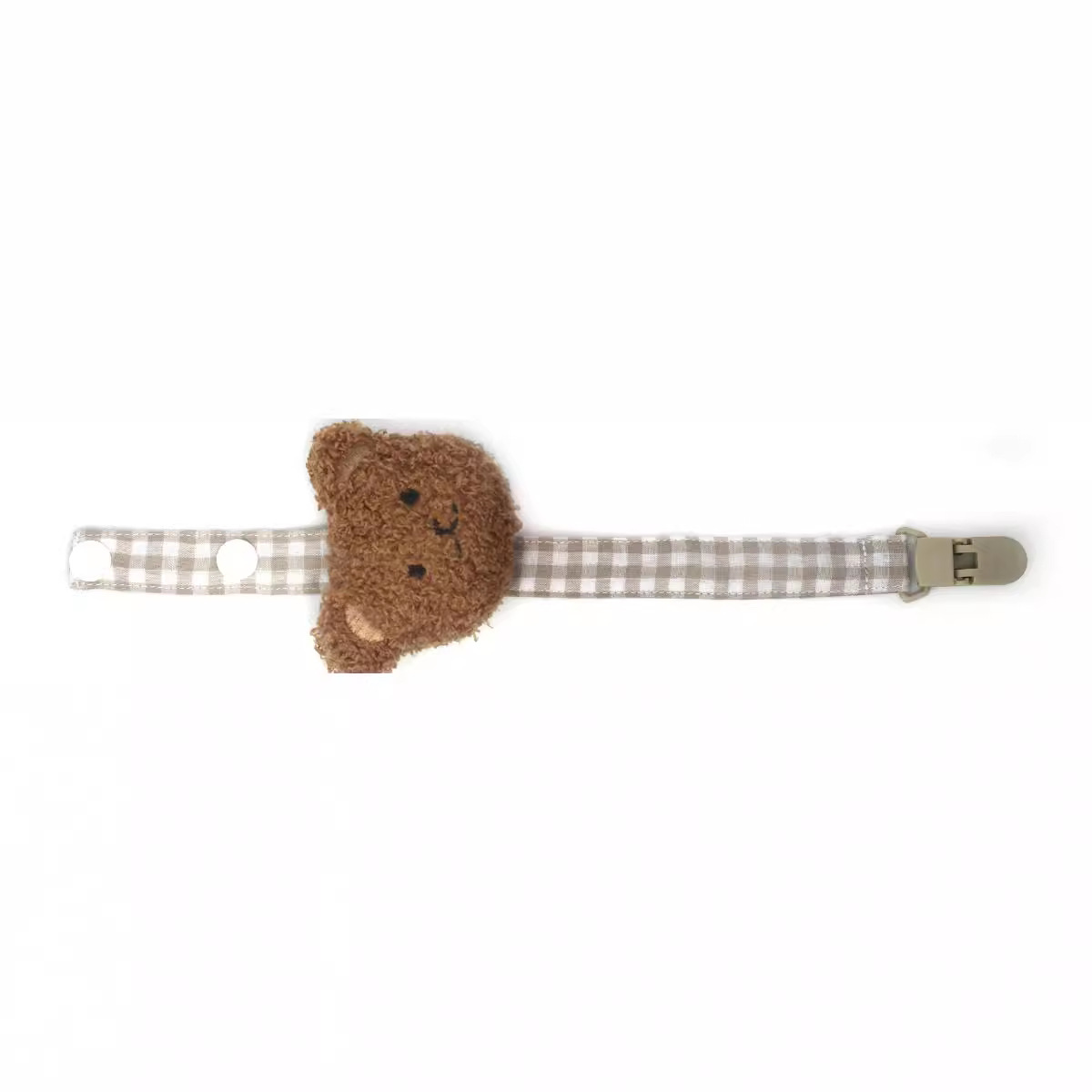 Plaid Baby Pacifier Clip With A Little Bear Head Design