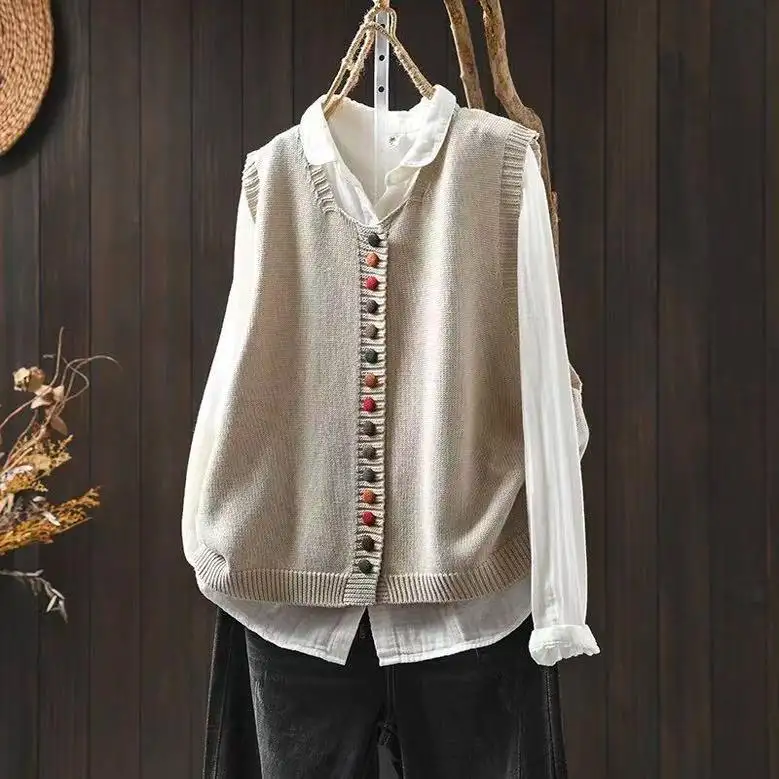 Colored Button Cotton Thread Knitted Vest