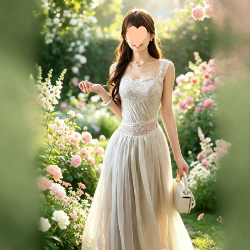 French-style White Lace-strapped Backless Slip Dress