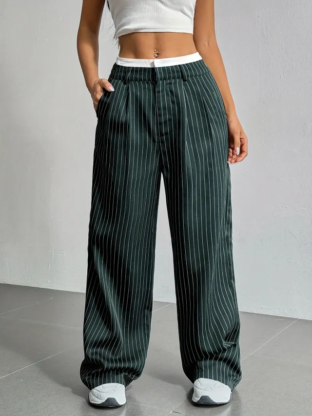 Stripe Printed Trousers Fashion High Waist Straight Leg Pants With Pocket Zipper Casual Suit Pants For Women Dark Green - Shop at LoveMi