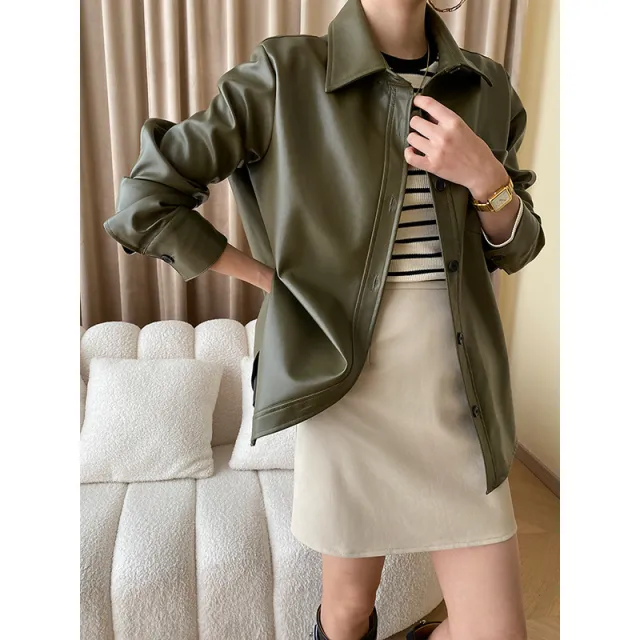 Women's Autumn Loose Leather Coat Green - Shop at LoveMi