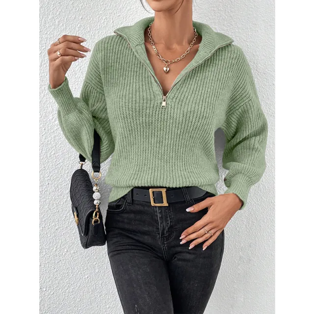 Women's Zipper Pullover Solid Color Loose Casual Long Sleeves Sweater Green - Shop at LoveMi