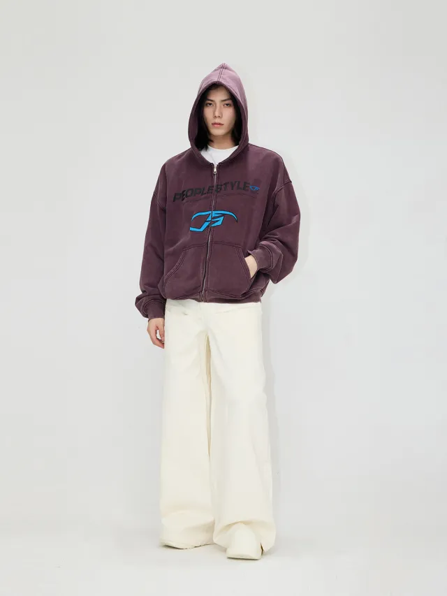 Embroidered 480g Heavy Washing Zipper Sweater Purple - Shop at LoveMi