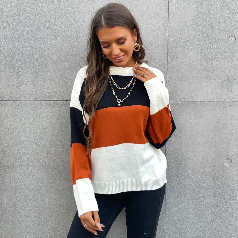 Striped Candy Color block Crew Neck Knitted Sweater For Women Brown - Shop at LoveMi