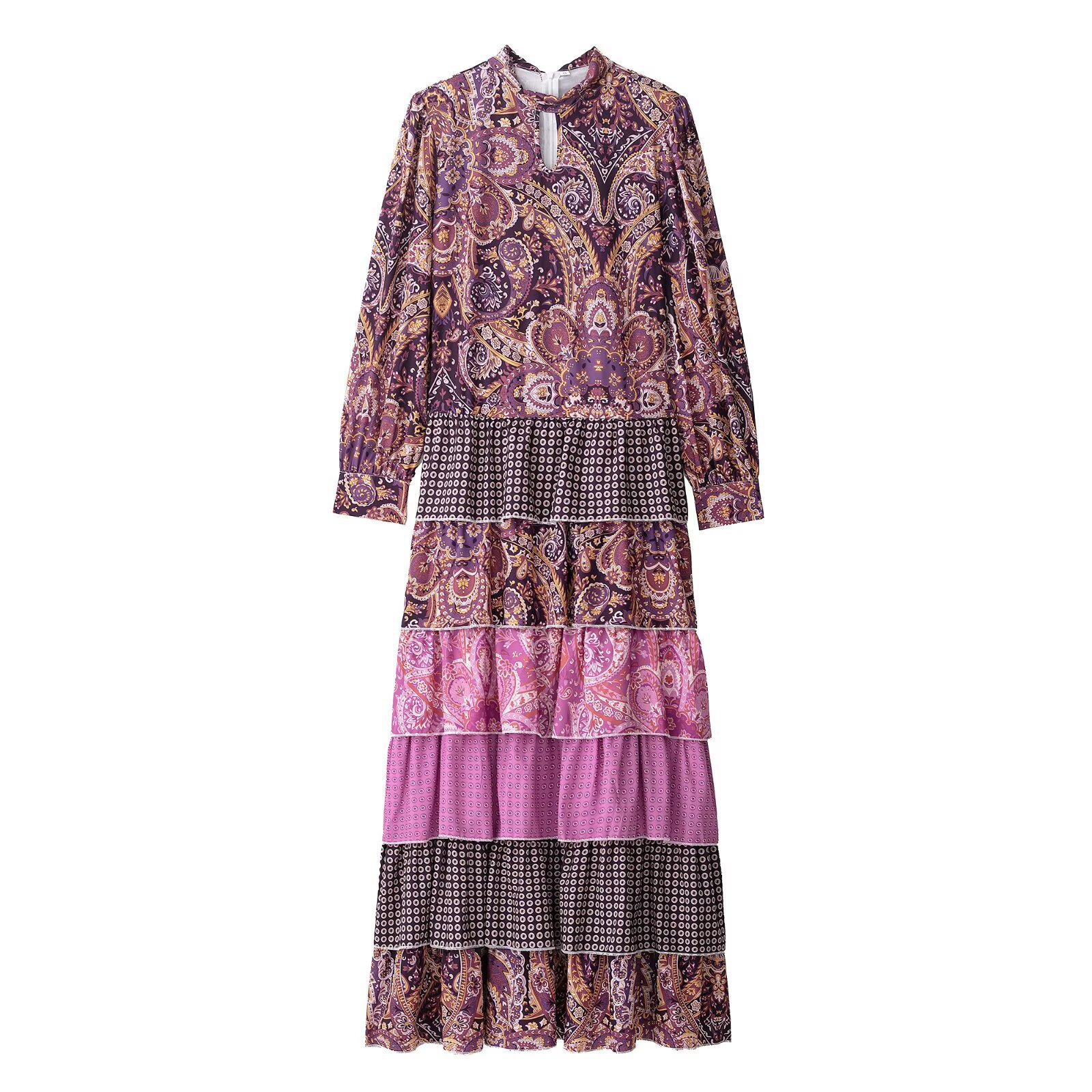 Women's Clothing Stitching Printing Pullover Stand Collar Long Dress Color - Shop at LoveMi