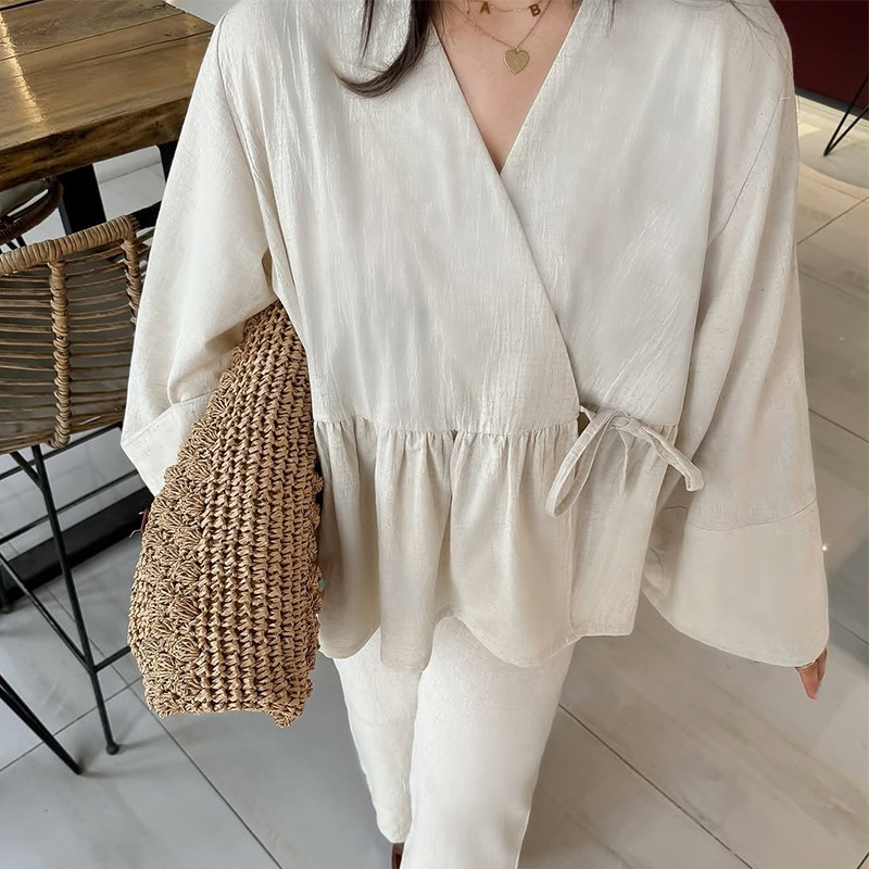 Loose Lace-up Top Wide Leg Trousers Suit