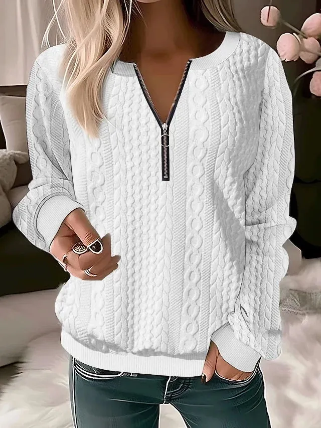 European And American Autumn And Winter New Women's Long Sleeve Solid Color And V neck Zipper T shirt White - Shop at LoveMi