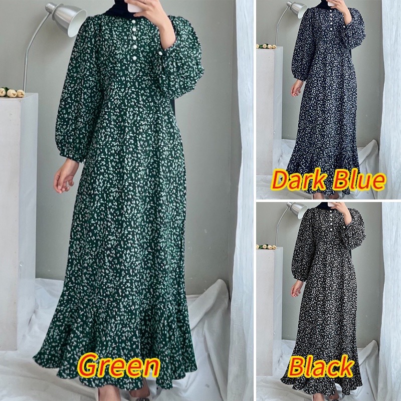 Long Sleeved Open Door Tube Loose Printed Button Neck Dress