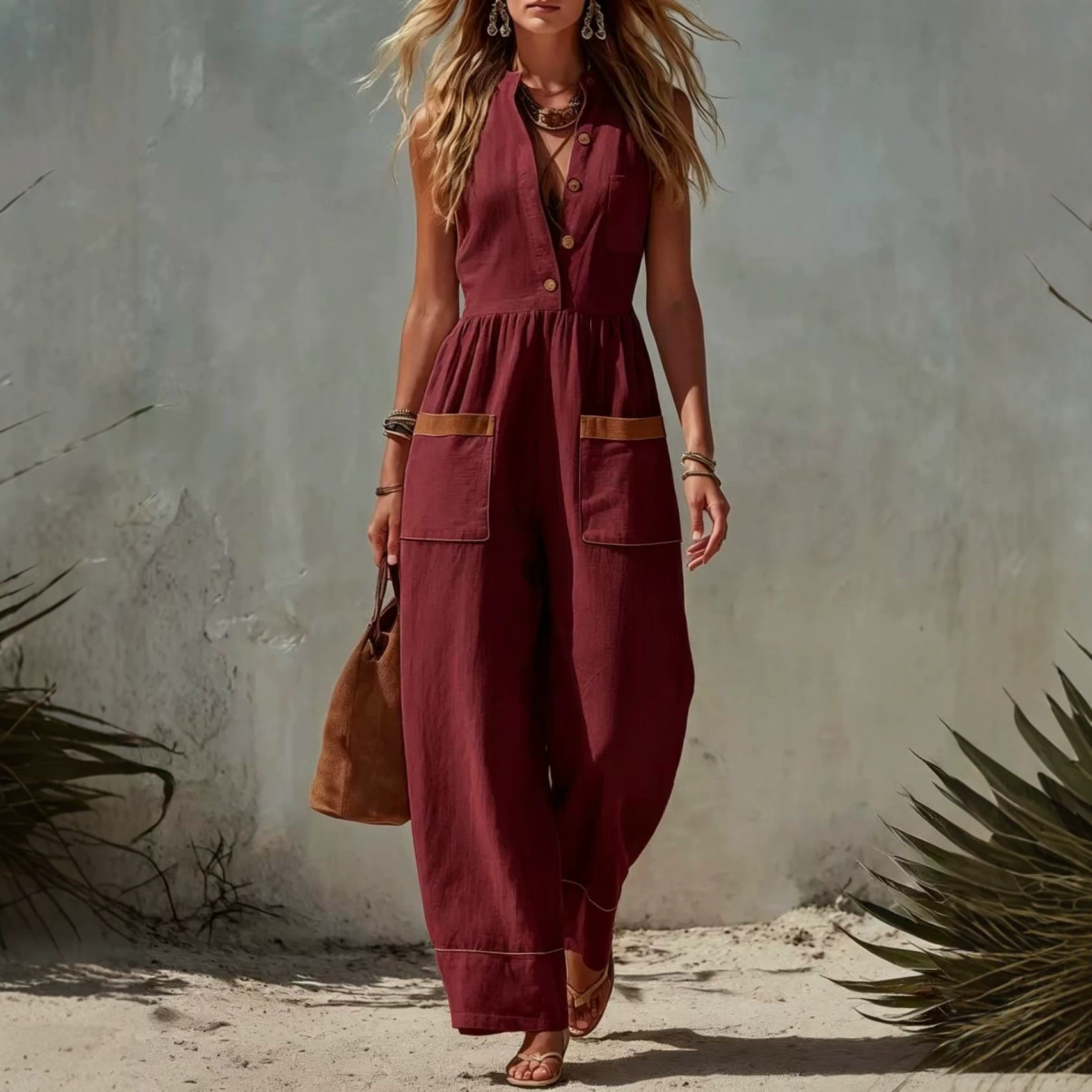 Women's cotton linen wide-leg jumpsuit in wine red – elegant sleeveless style