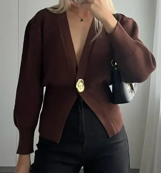 European And American One Button Long Sleeve Waist controlled Top Brown - Shop at LoveMi
