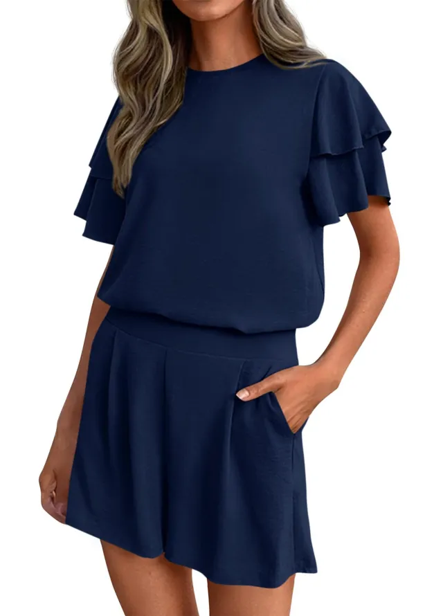 Women's Fashionable Casual Two Piece Set Crew Neck Short Sleeve Top And Shorts Navy - Shop at LoveMi