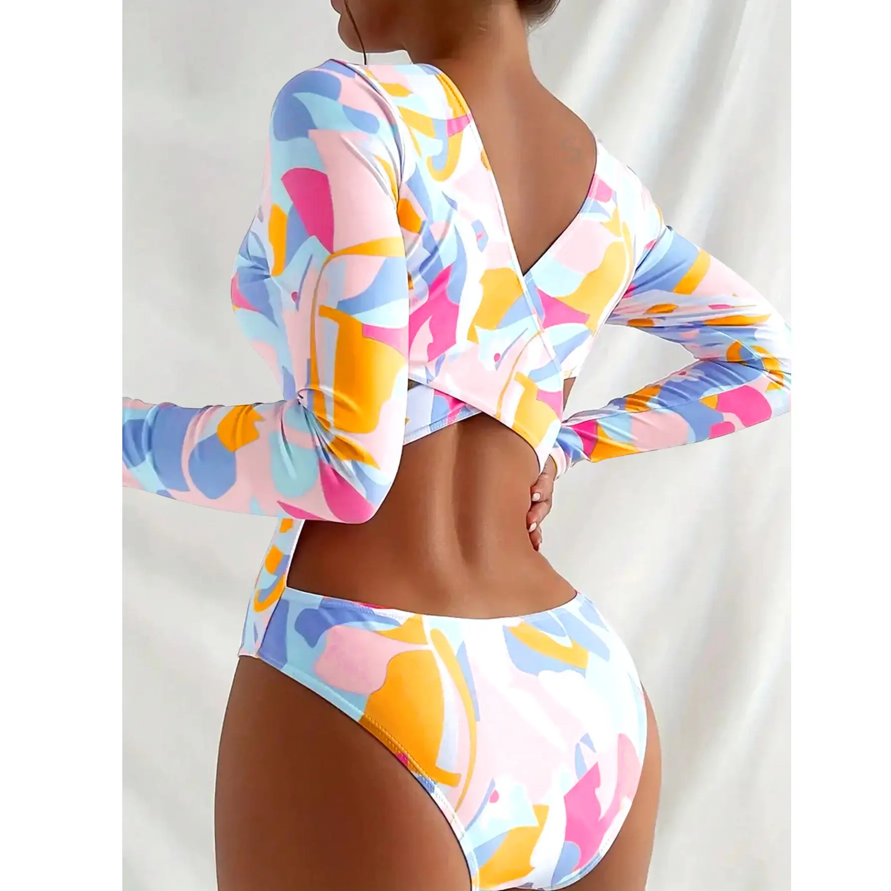 Digital-print Long-sleeve One-piece Triangular Tight-fit Swimsuit