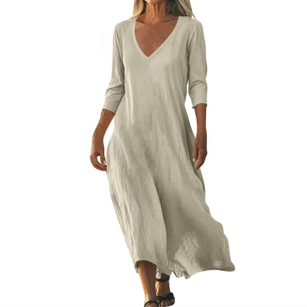 Cotton Linen V-neck Short Sleeve Loose Dress Women's Clothing - Khaki